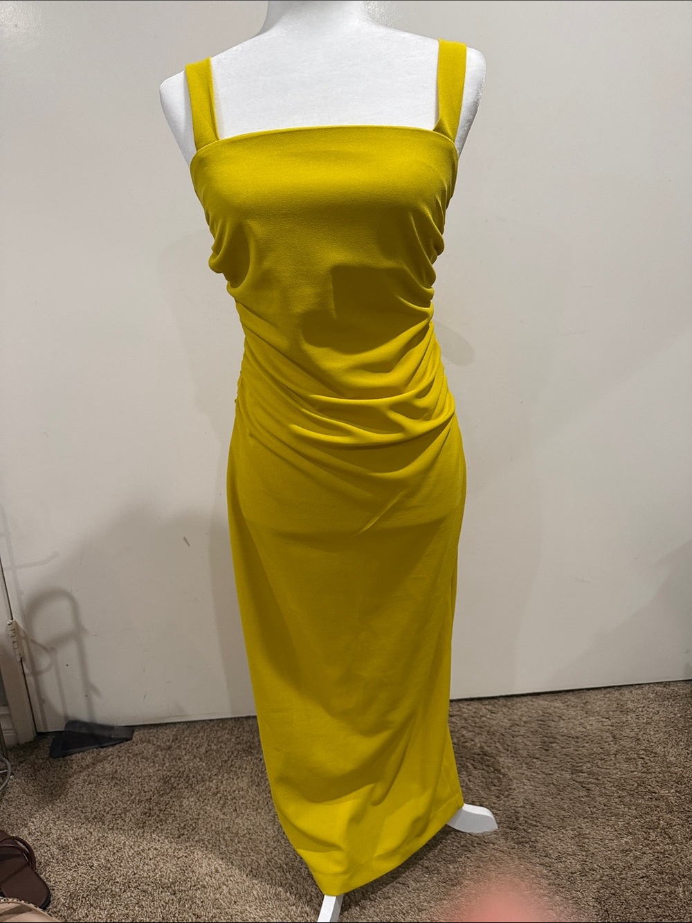 Square-Neck Yellow Maxi Dress with Ruched Sides
